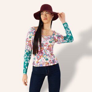 Hale Bob NWOT $192 Parisia jersey balloon sleeve top in ivory multicolor women S